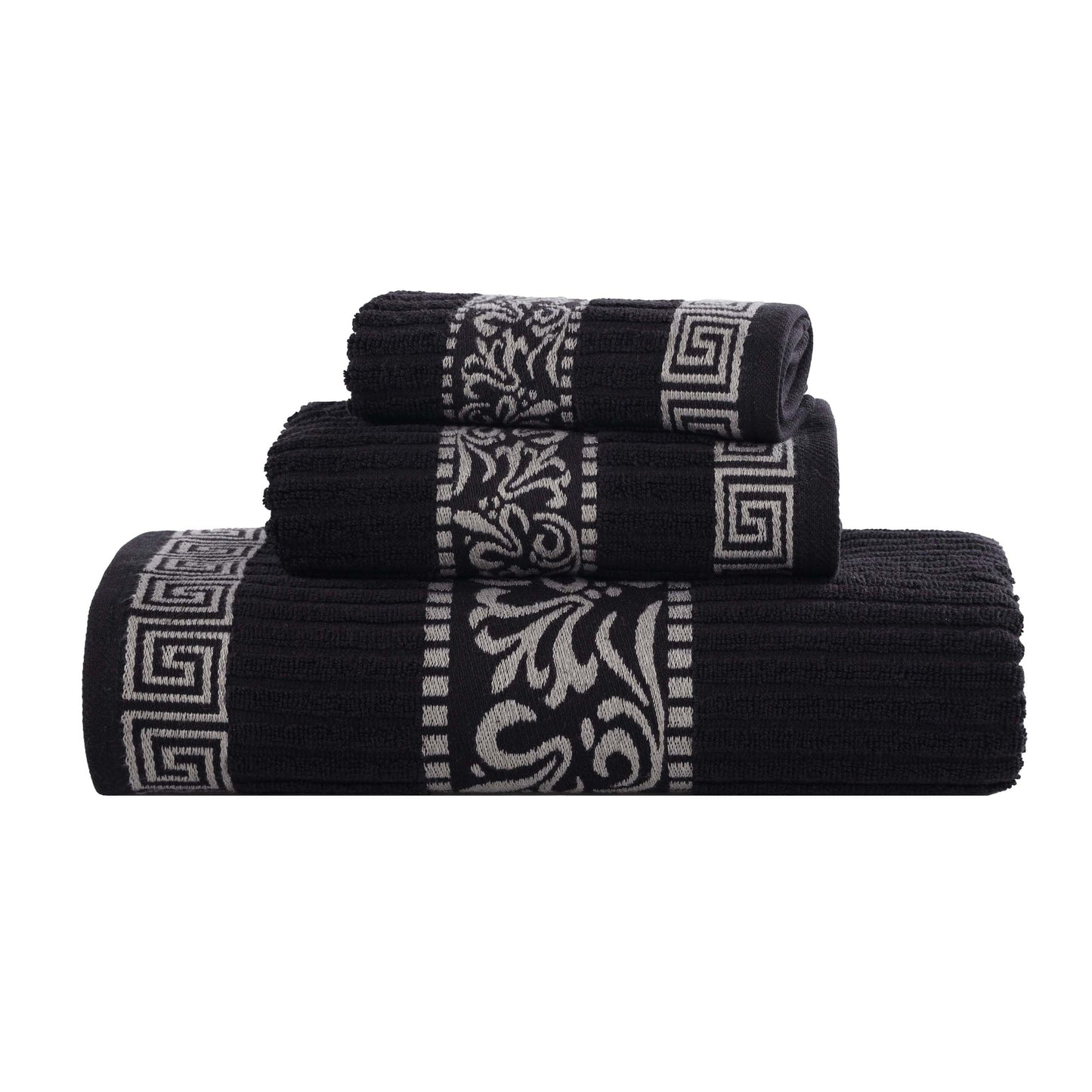 Athens Cotton Medium Weight Floral Greek Key Trim 3 Piece Towel Set - Black-Chrome