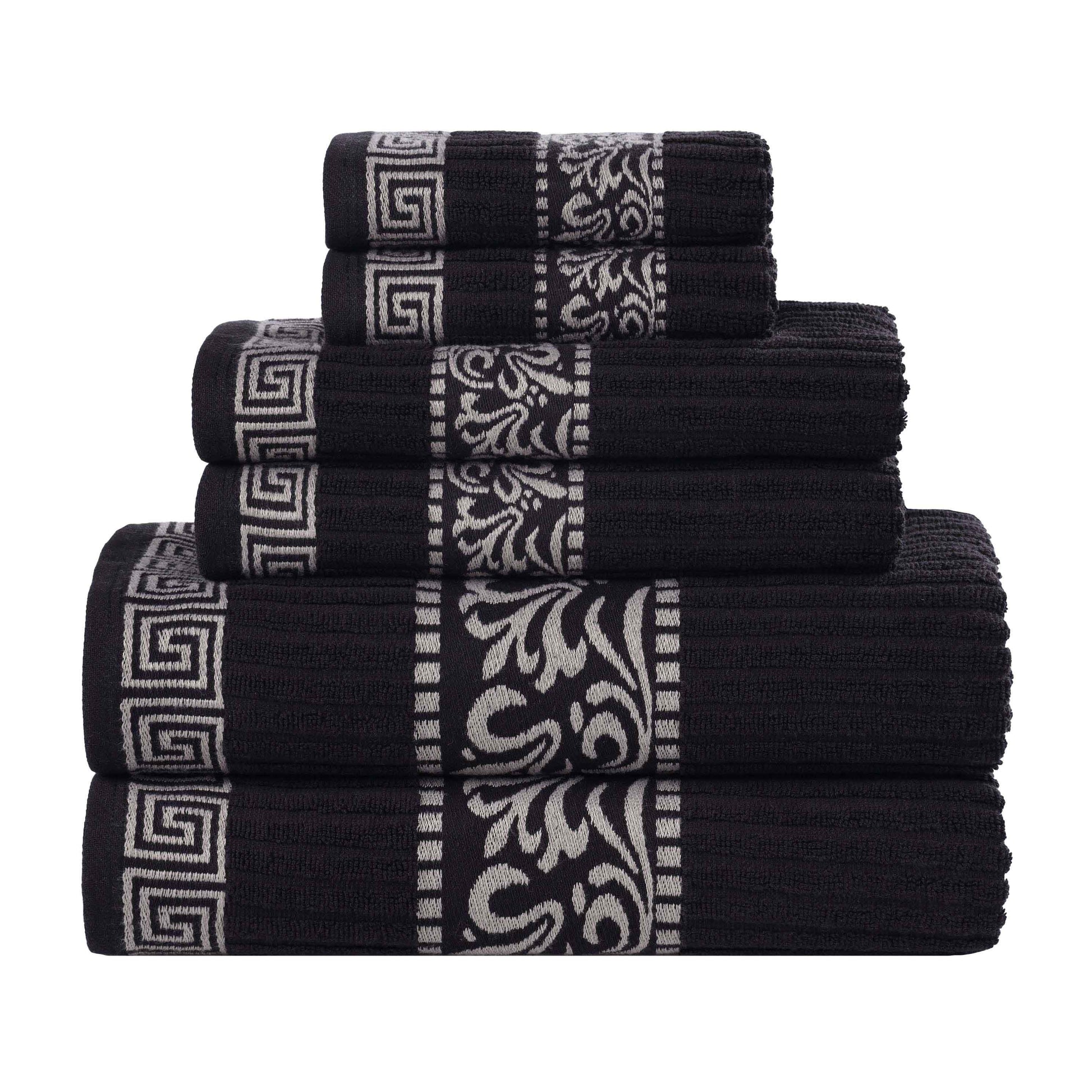 Athens Cotton Medium Weight Floral Greek Key Trim 6 Piece Towel Set - Black-Chrome