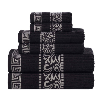 Athens Cotton Medium Weight Floral Greek Key Trim 6 Piece Towel Set - Black-Chrome