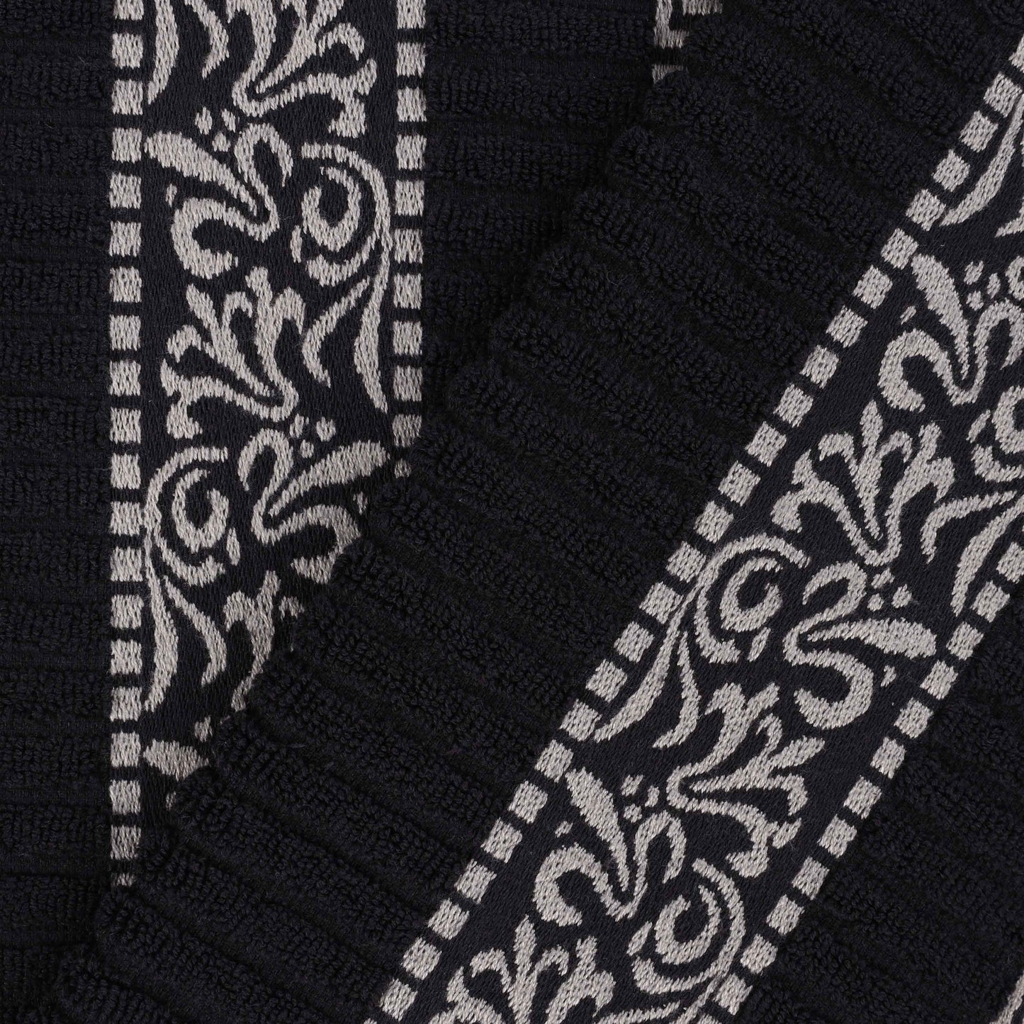 Athens Cotton Medium Weight Floral Greek Key Trim 3 Piece Towel Set - Black-Chrome