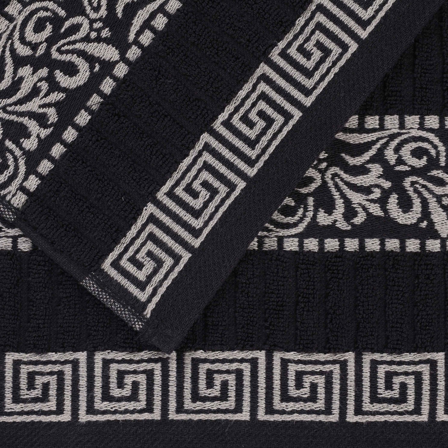 Athens Cotton Medium Weight Floral Greek Key Trim 3 Piece Towel Set - Black-Chrome