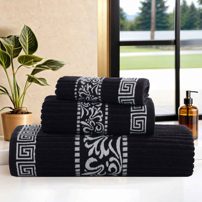 Athens Cotton Medium Weight Floral Greek Key Trim 3 Piece Towel Set - Black-White