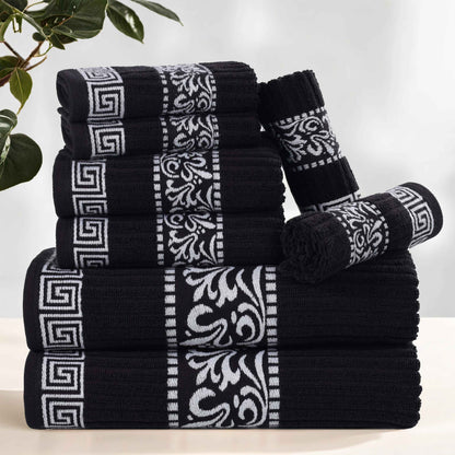 Superior Athens Cotton Greek Key Trim 8 Piece Towel Set - Black-White