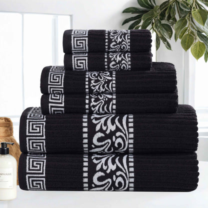 Athens Cotton Medium Weight Floral Greek Key Trim 6 Piece Towel Set - Black-White