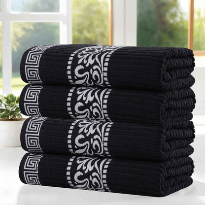 Athens Cotton Greek Key Trim Bath Towel Set of 4 - Black-White
