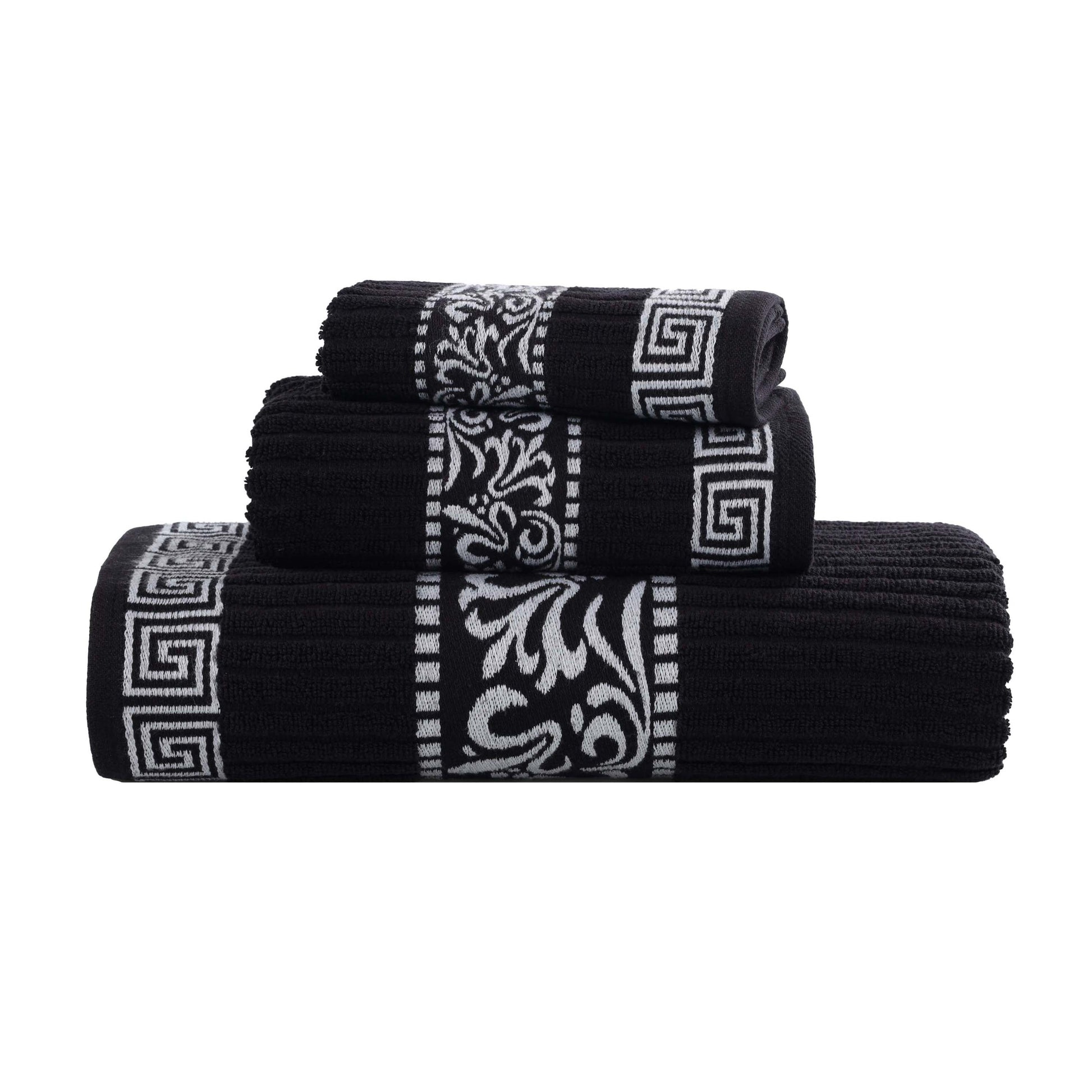 Athens Cotton Medium Weight Floral Greek Key Trim 3 Piece Towel Set - Black-White