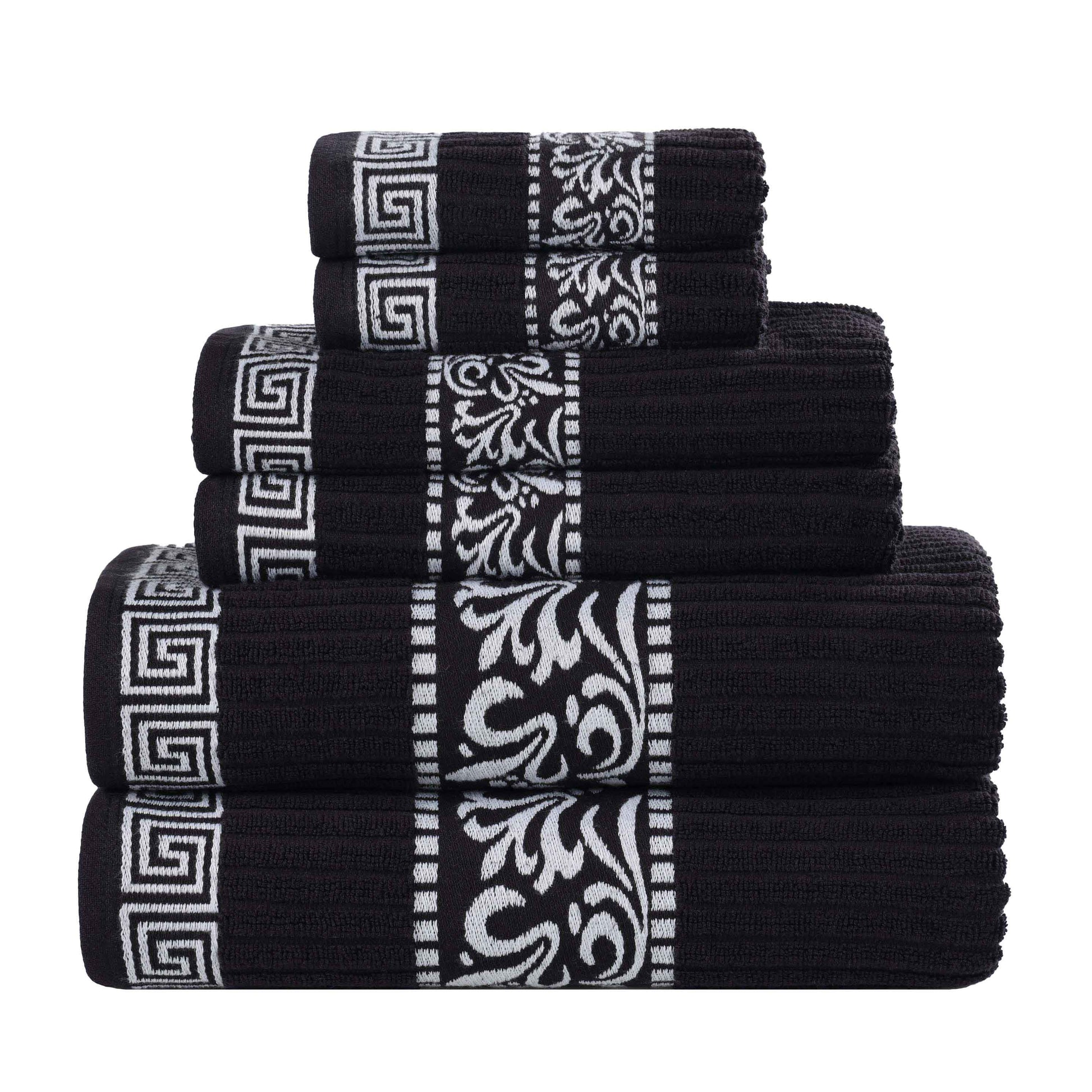 Athens Cotton Medium Weight Floral Greek Key Trim 6 Piece Towel Set - Black-White