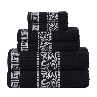 Athens Cotton Medium Weight Floral Greek Key Trim 6 Piece Towel Set - Black-White