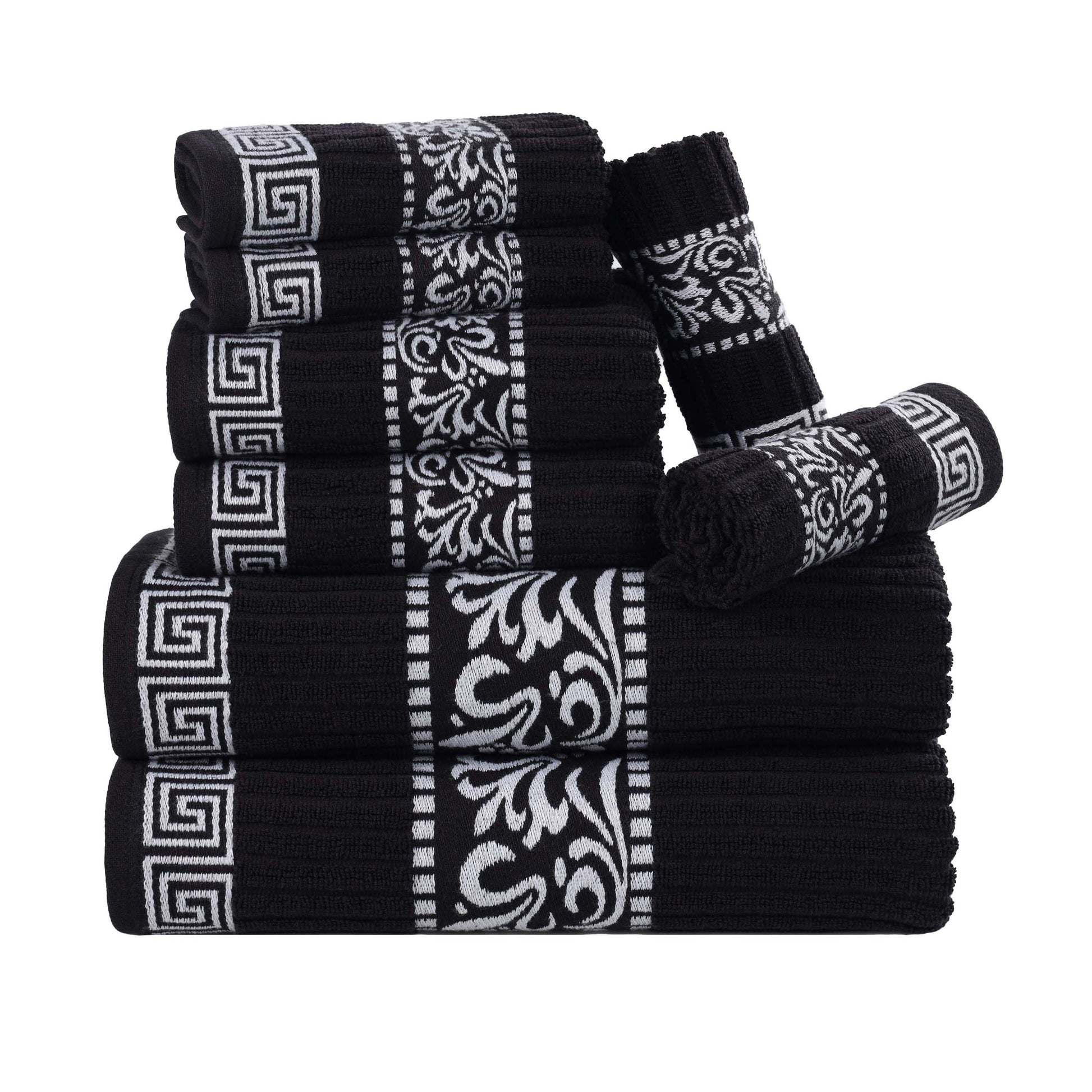 Superior Athens Cotton Greek Key Trim 8 Piece Towel Set - Black-White