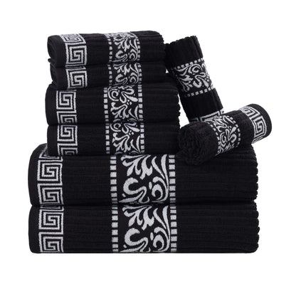 Superior Athens Cotton Greek Key Trim 8 Piece Towel Set - Black-White