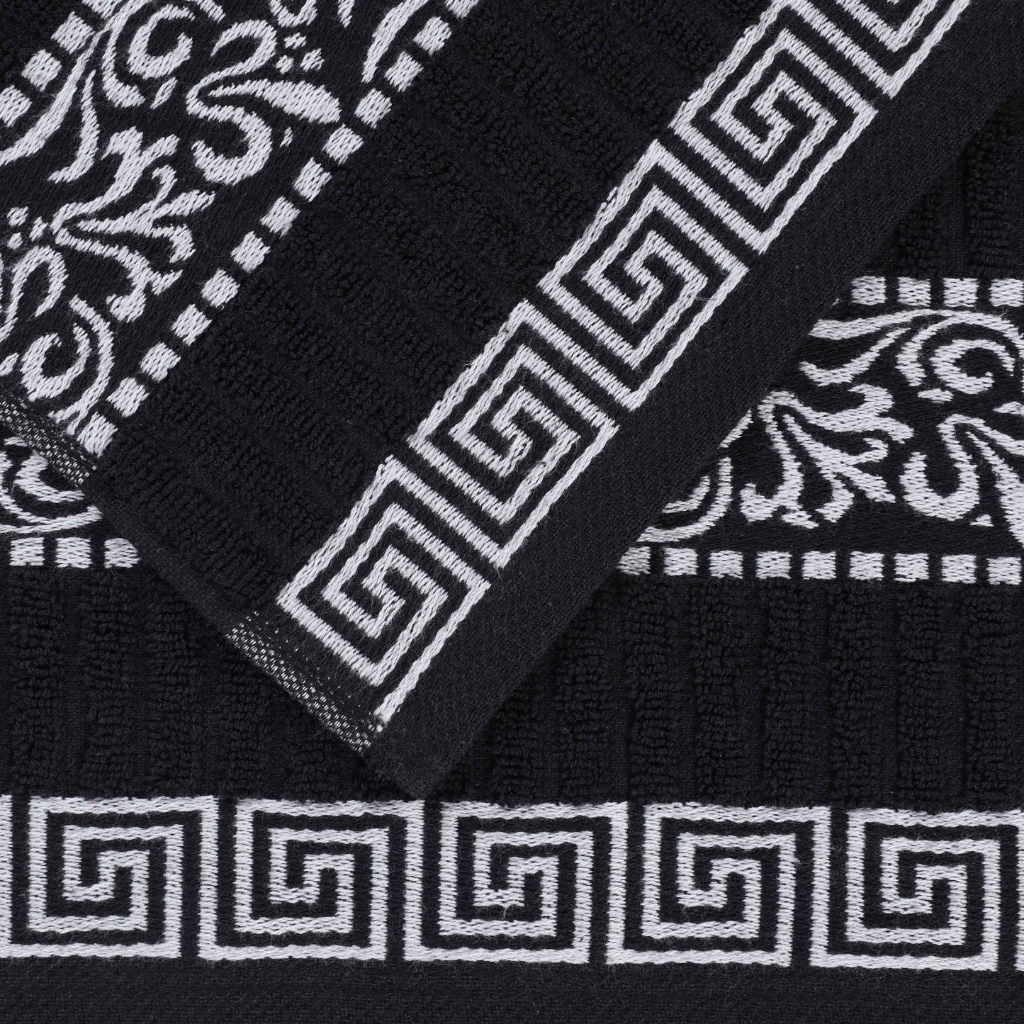 Athens Cotton Medium Weight Floral Greek Key Trim 3 Piece Towel Set - Black-White