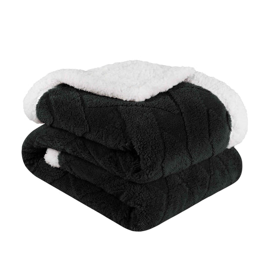 Nuuk Jacquard Lattice Fleece Plush Fluffy Sherpa Reversible Blanket - Black