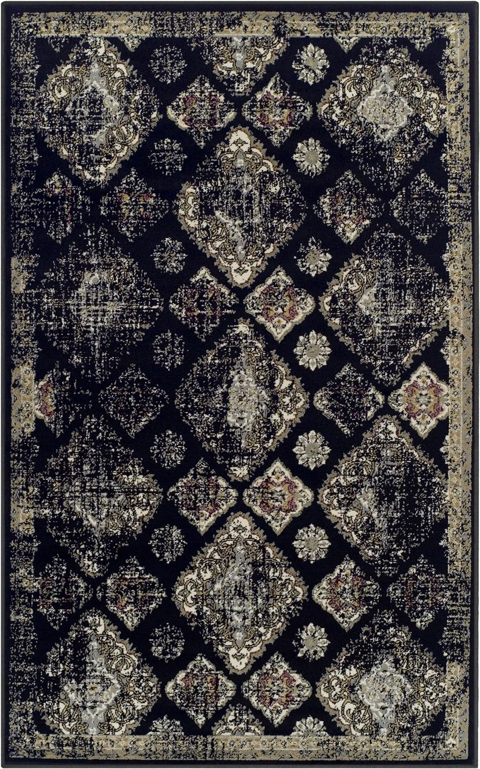 Mayfair Distressed Damask Indoor Area Rug or Runner Rug Or Door Mat - Black