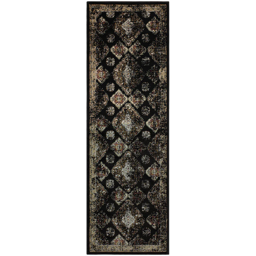 Mayfair Distressed Damask Indoor Area Rug or Runner Rug Or Door Mat - Black