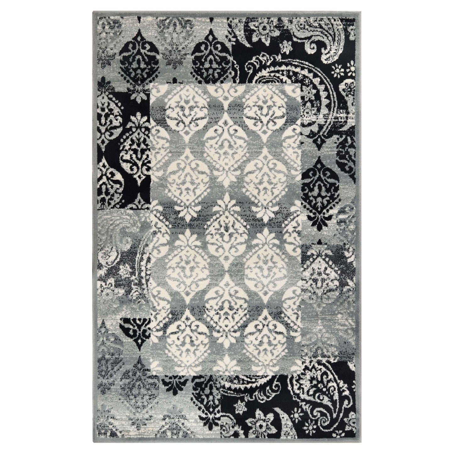 Mystique Distressed Damask Contemporary Area Rug - Black