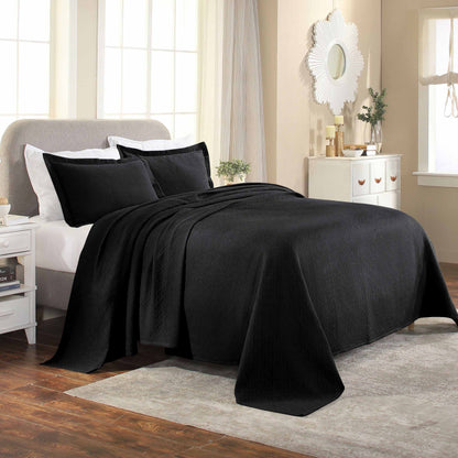 Basket Weave Matelasse Cotton Bedspread Set - Black