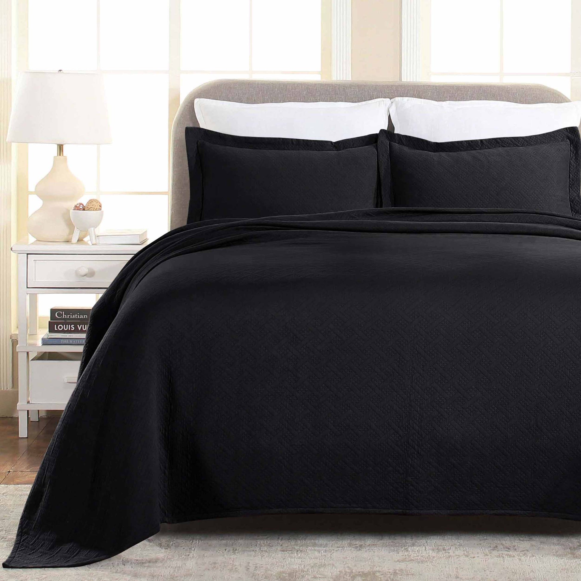 Basket Weave Matelasse Cotton Bedspread Set - Black