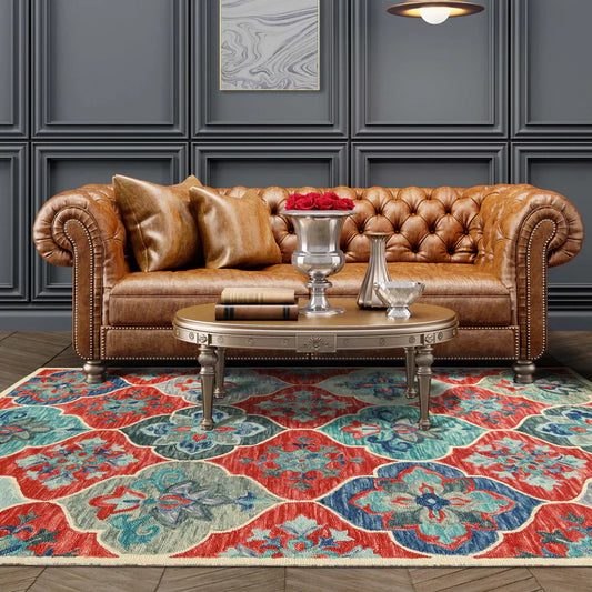 Geometric Floral Hand-Tufted Handmade Wool Indoor Area Rug Or Runner - Blue-Rust