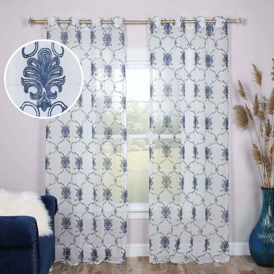 Embroidered Scroll Grommet 2-Piece Sheer Curtain Panel Set - Blue