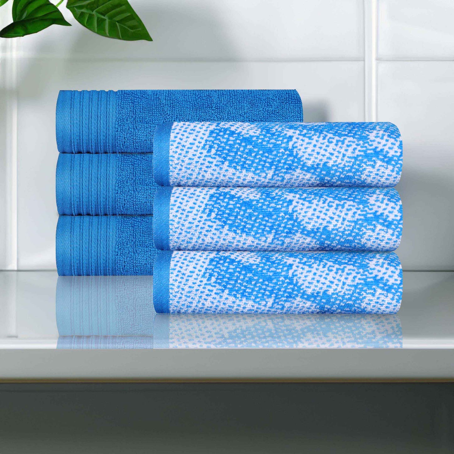 Cotton Marble and Solid Medium Weight Hand Towel Set of 6 - Blue