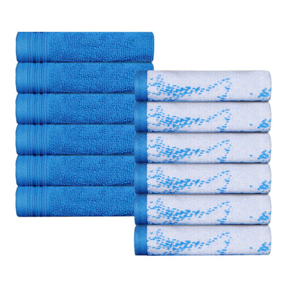 Cotton Marble and Solid Medium Weight Face Towel/ Washcloth Set of 12 - Blue