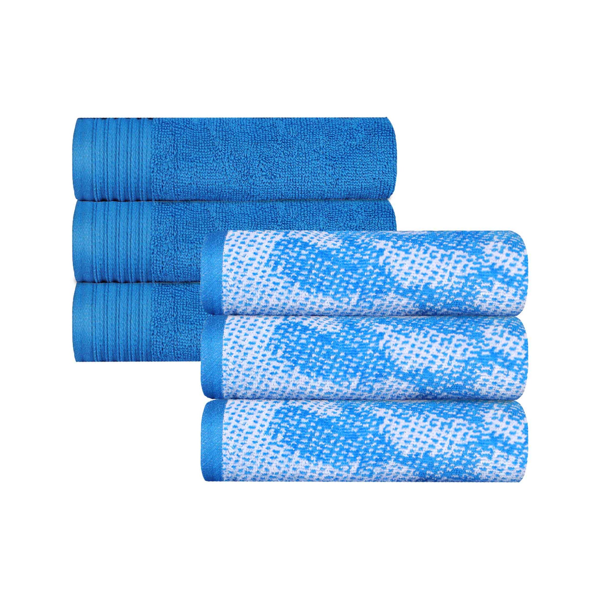 Cotton Marble and Solid Medium Weight Hand Towel Set of 6 - Blue