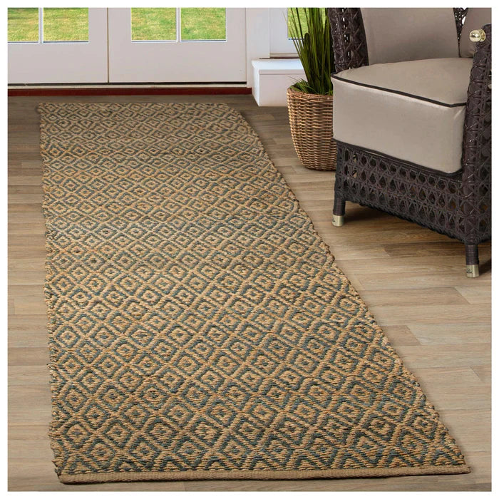 Diamond Hand-Woven Reversible Jute Area Rug - Blue