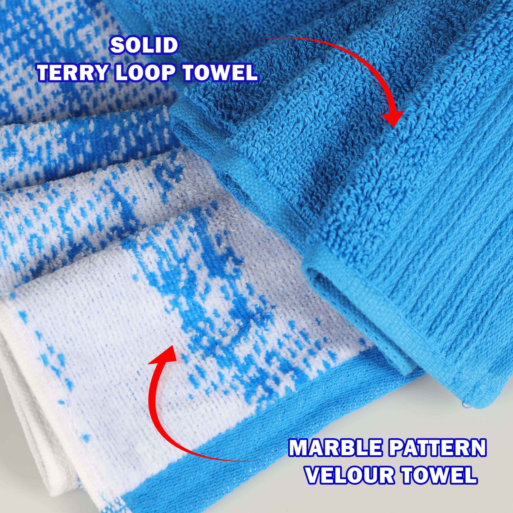 Cotton Marble and Solid Medium Weight Face Towel/ Washcloth Set of 12 - Blue