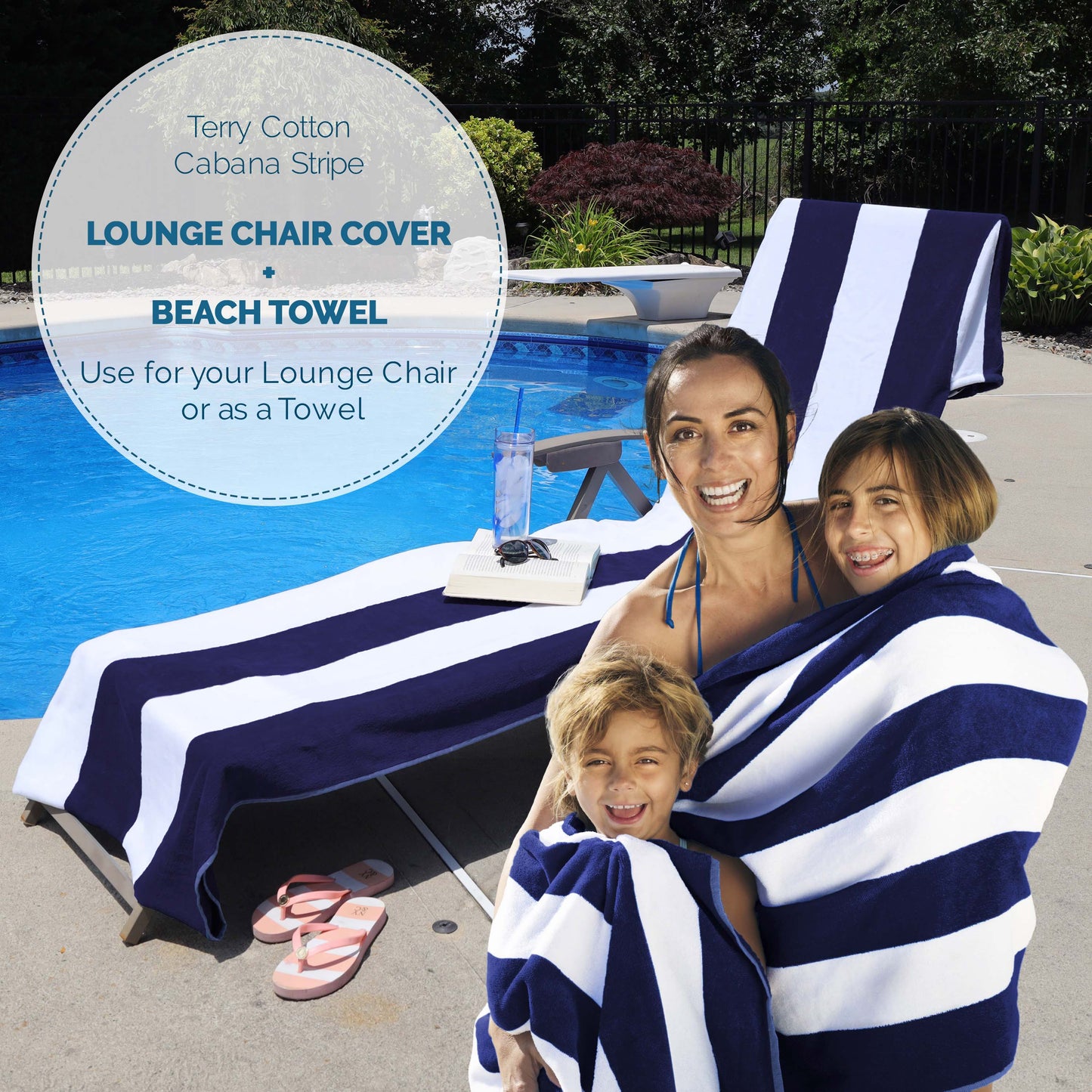 Cabana Striped Cotton Standard Size Chaise Lounge Chair Cover Set of 2 - Blue