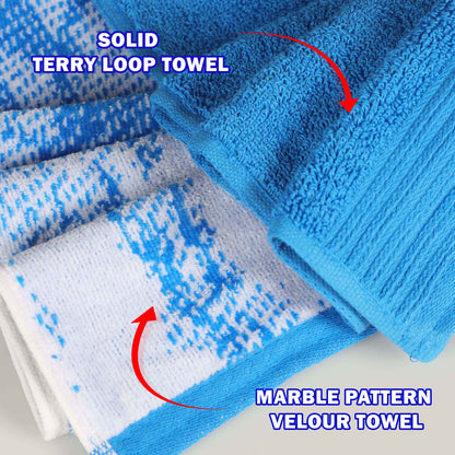 Cotton Marble and Solid Medium Weight Hand Towel Set of 6 - Blue