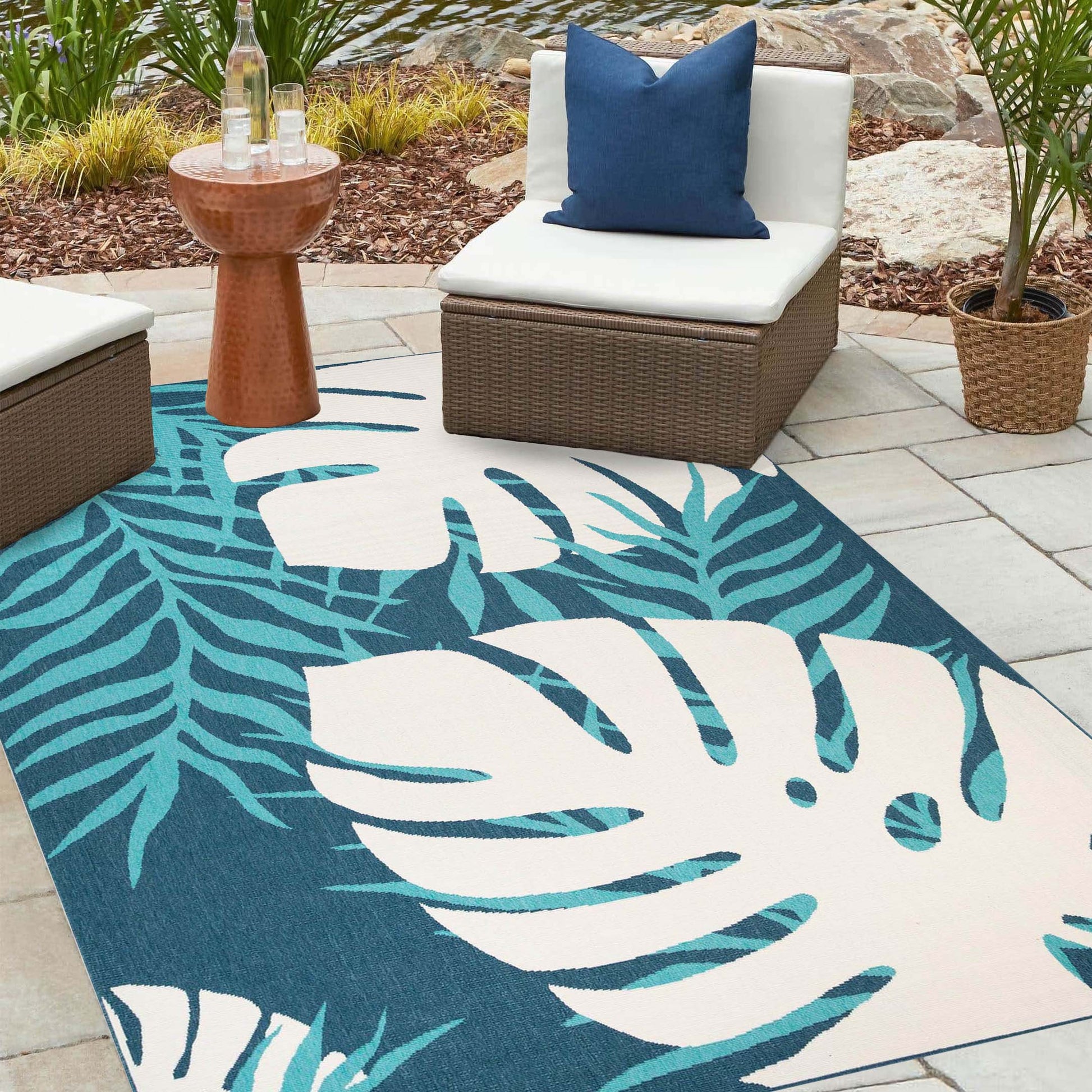 Waikiki Oversized Tropical Leaves Coastal Indoor Outdoor Area Rug - Blue-Green/Cream