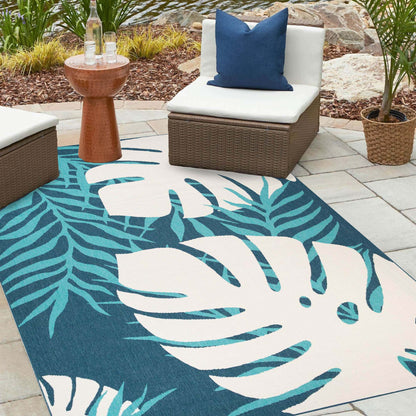 Waikiki Oversized Tropical Leaves Coastal Indoor Outdoor Area Rug - Blue-Green/Cream