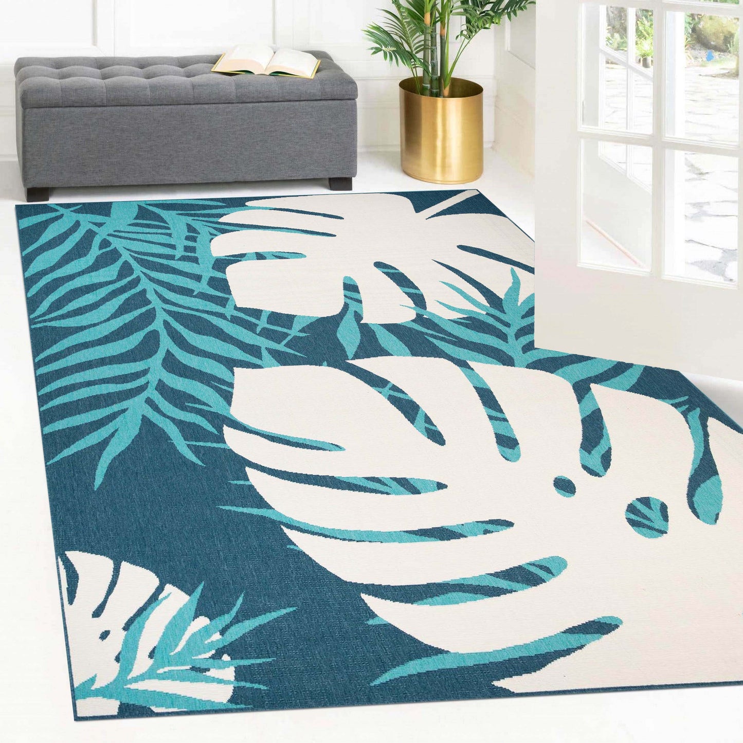 Waikiki Oversized Tropical Leaves Coastal Indoor Outdoor Area Rug - Blue-Green/Cream
