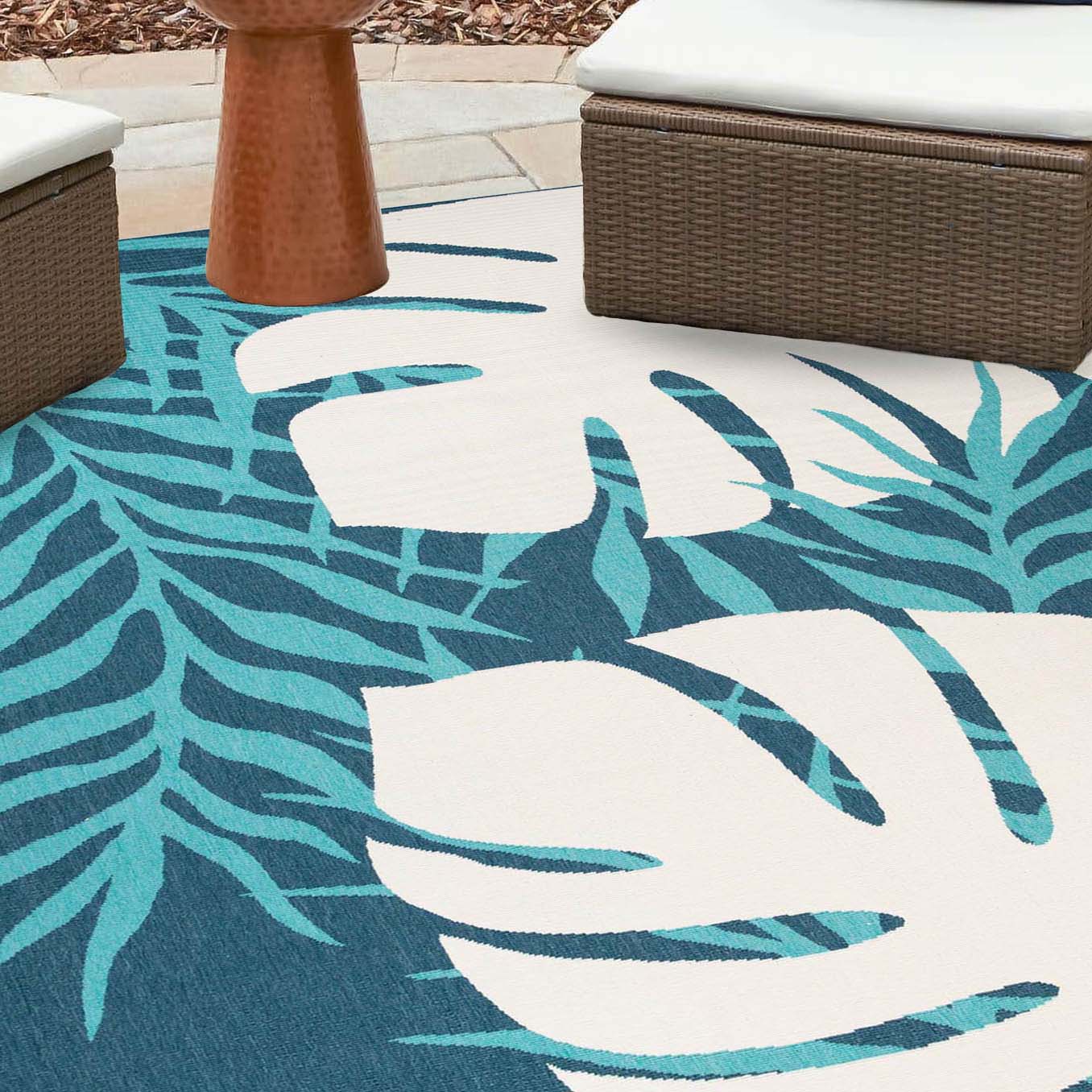 Waikiki Oversized Tropical Leaves Coastal Indoor Outdoor Area Rug - Blue-Green/Cream