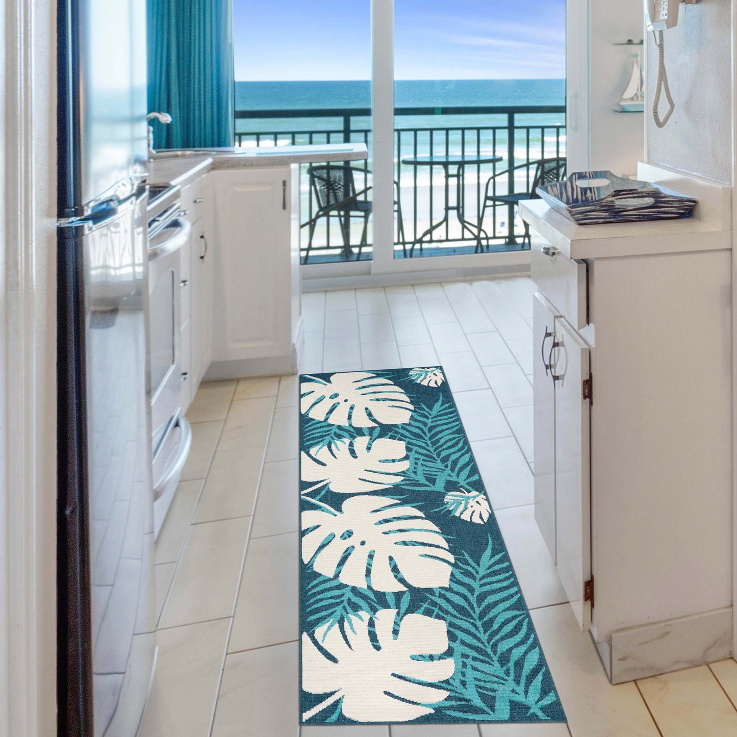 Waikiki Oversized Tropical Leaves Coastal Indoor Outdoor Area Rug - Blue-Green/Cream