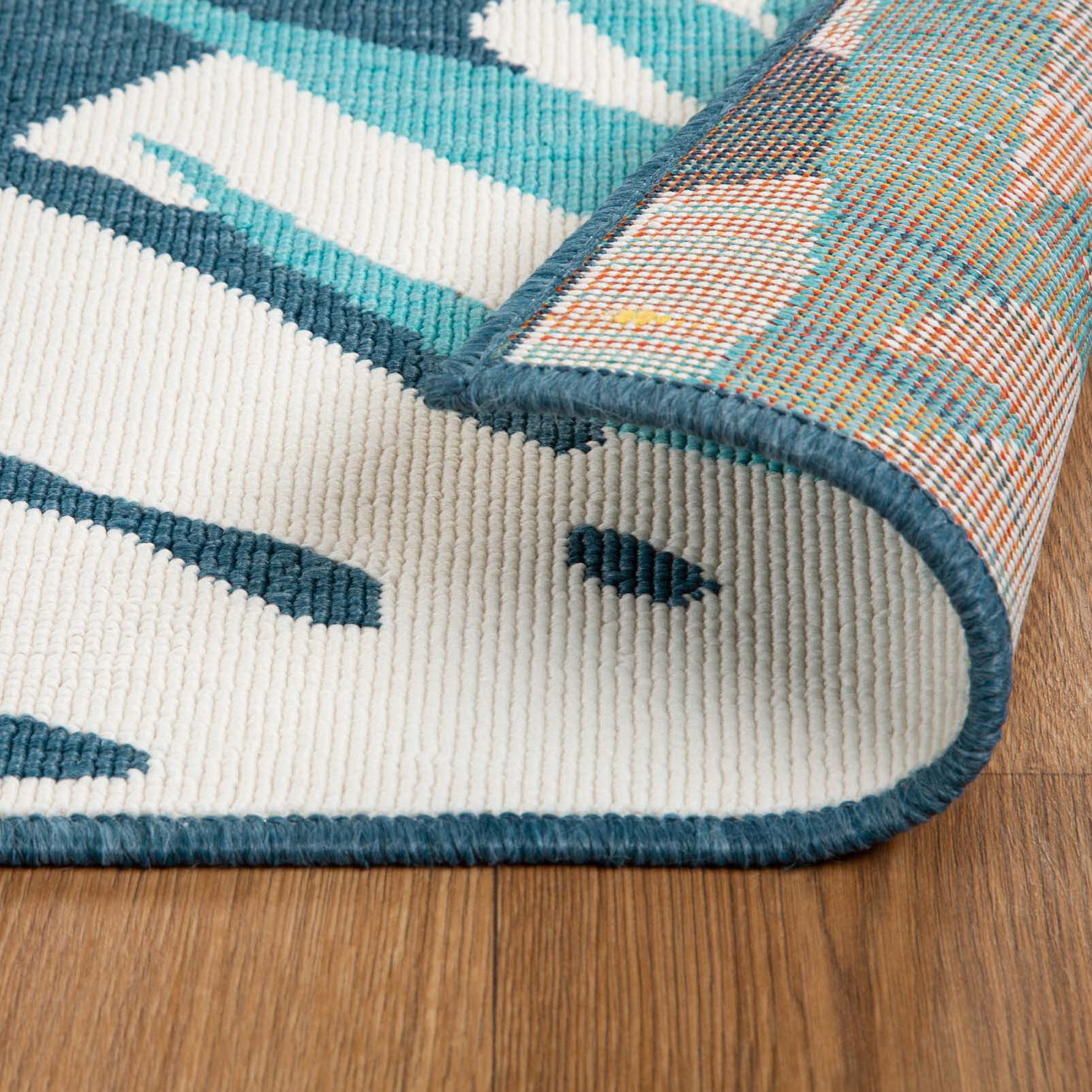 Waikiki Oversized Tropical Leaves Coastal Indoor Outdoor Area Rug - Blue-Green/Cream