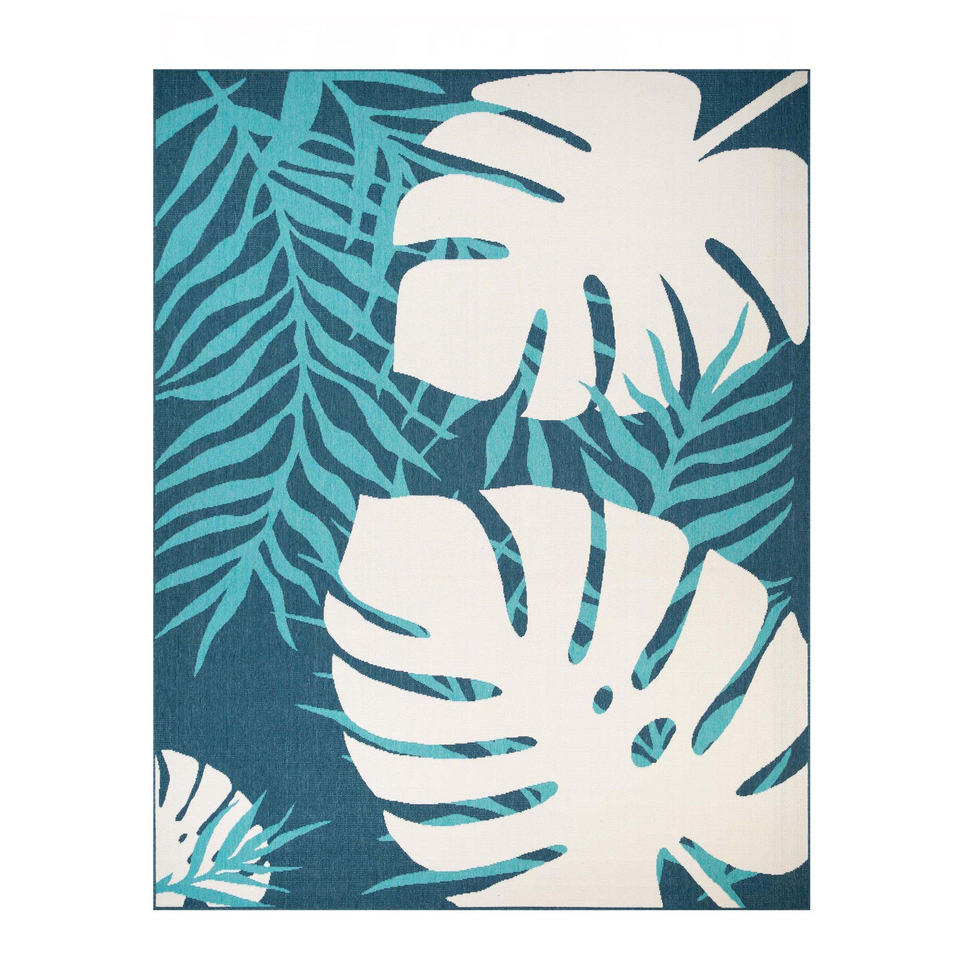 Waikiki Oversized Tropical Leaves Coastal Indoor Outdoor Area Rug - Blue-Green/Cream