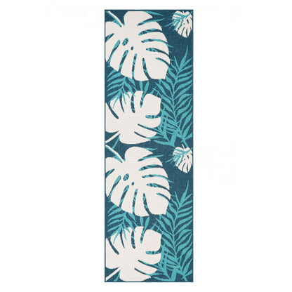 Waikiki Oversized Tropical Leaves Coastal Indoor Outdoor Area Rug - Blue-Green/Cream