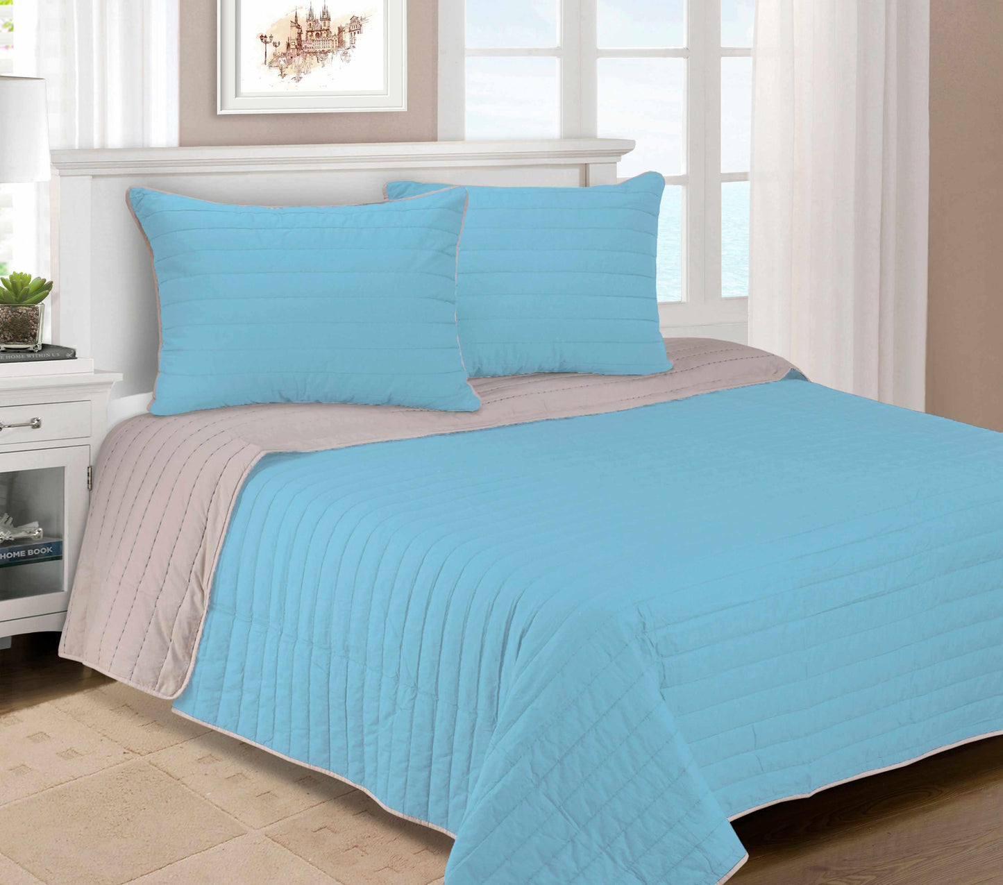 Brandon Solid Cotton Reversible Breathable Quilt and Sham Set - Light Blue