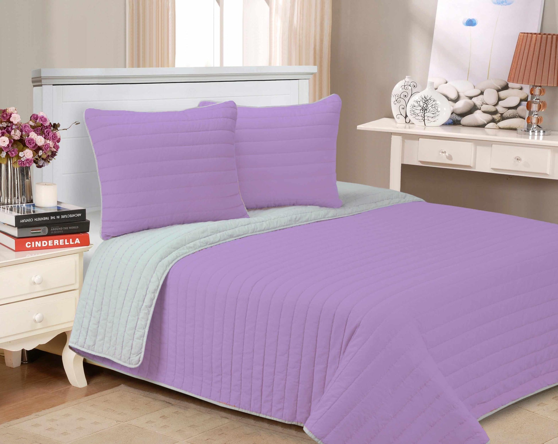 Brandon Solid Cotton Reversible Breathable Quilt and Sham Set - Lavender