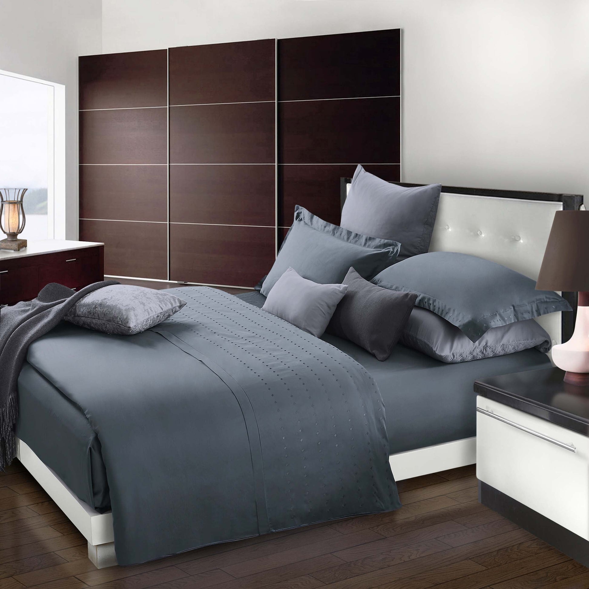 Brandon Diamond Embroidered Solid Cotton Duvet Cover Set - Gray