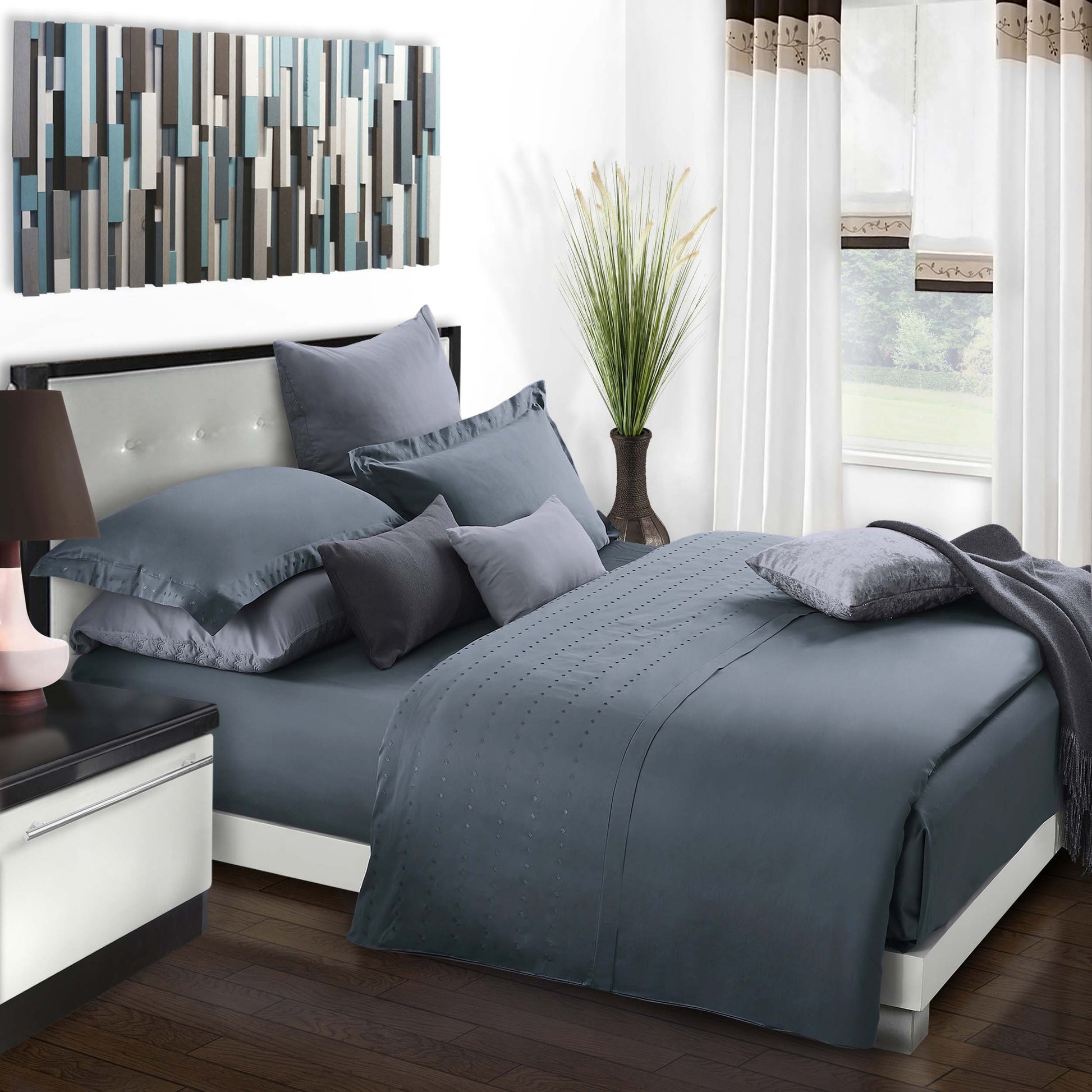 Brandon Diamond Embroidered Solid Cotton Duvet Cover Set - Gray