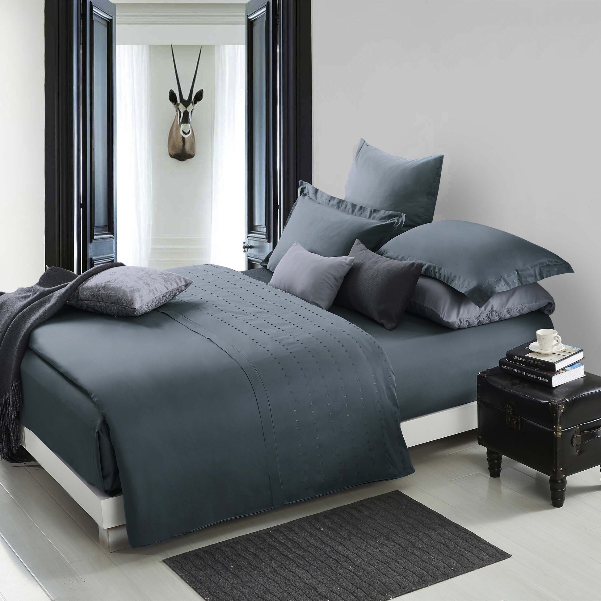 Brandon Diamond Embroidered Solid Cotton Duvet Cover Set - Gray