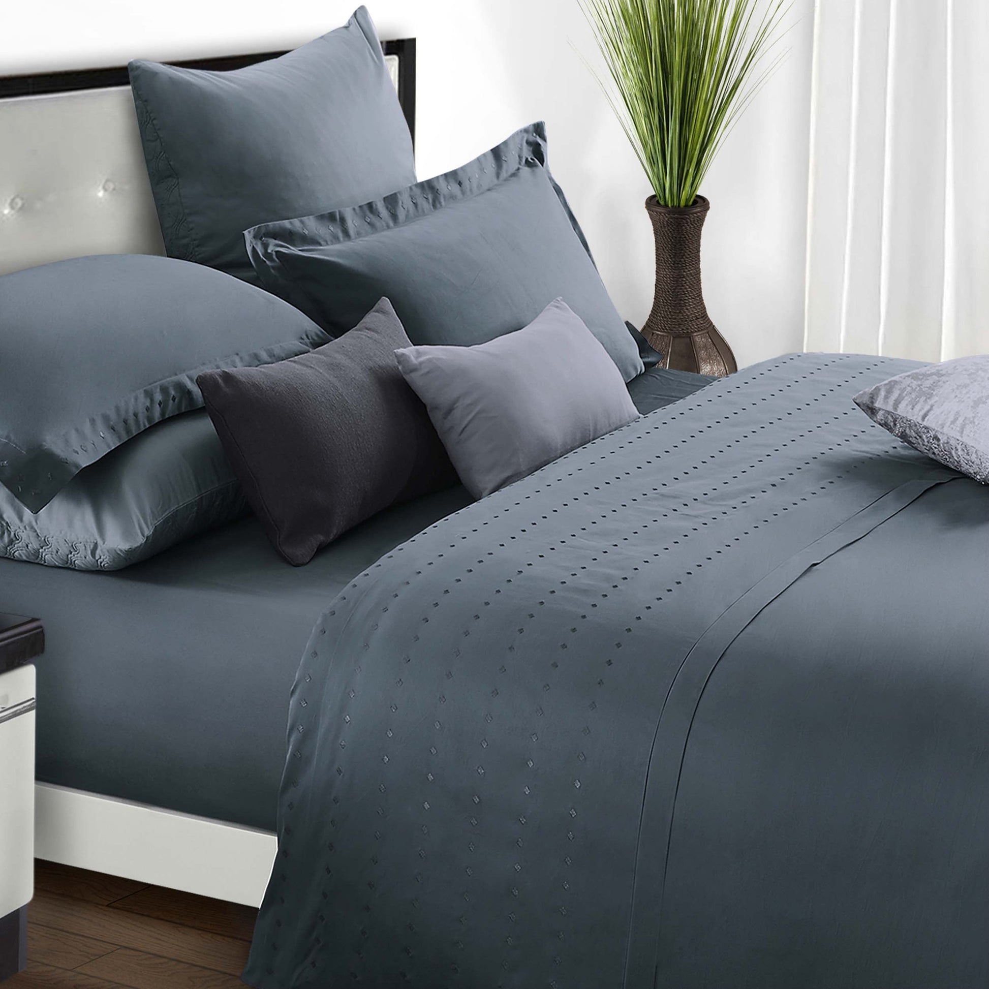 Brandon Diamond Embroidered Solid Cotton Duvet Cover Set - Gray