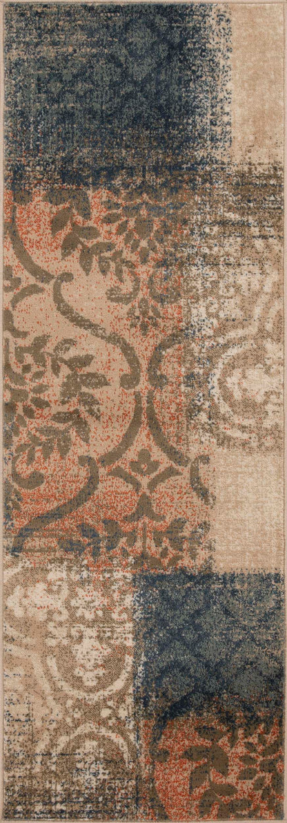 Bristol Distressed Abstract Damask Indoor Area Rug or Runner Rug - MidnightNavy-Salmon