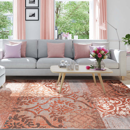 Bristol Distressed Abstract Damask Indoor Area Rug or Runner Rug - Rust