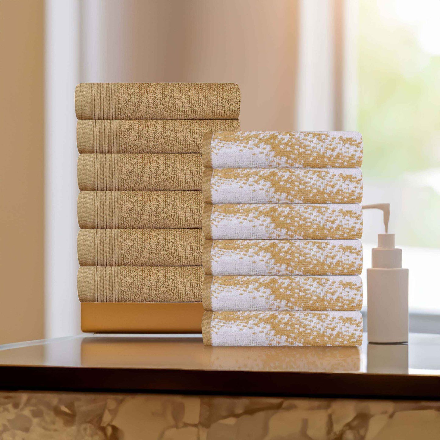 Cotton Marble and Solid Medium Weight Face Towel/ Washcloth Set of 12 - Bronze