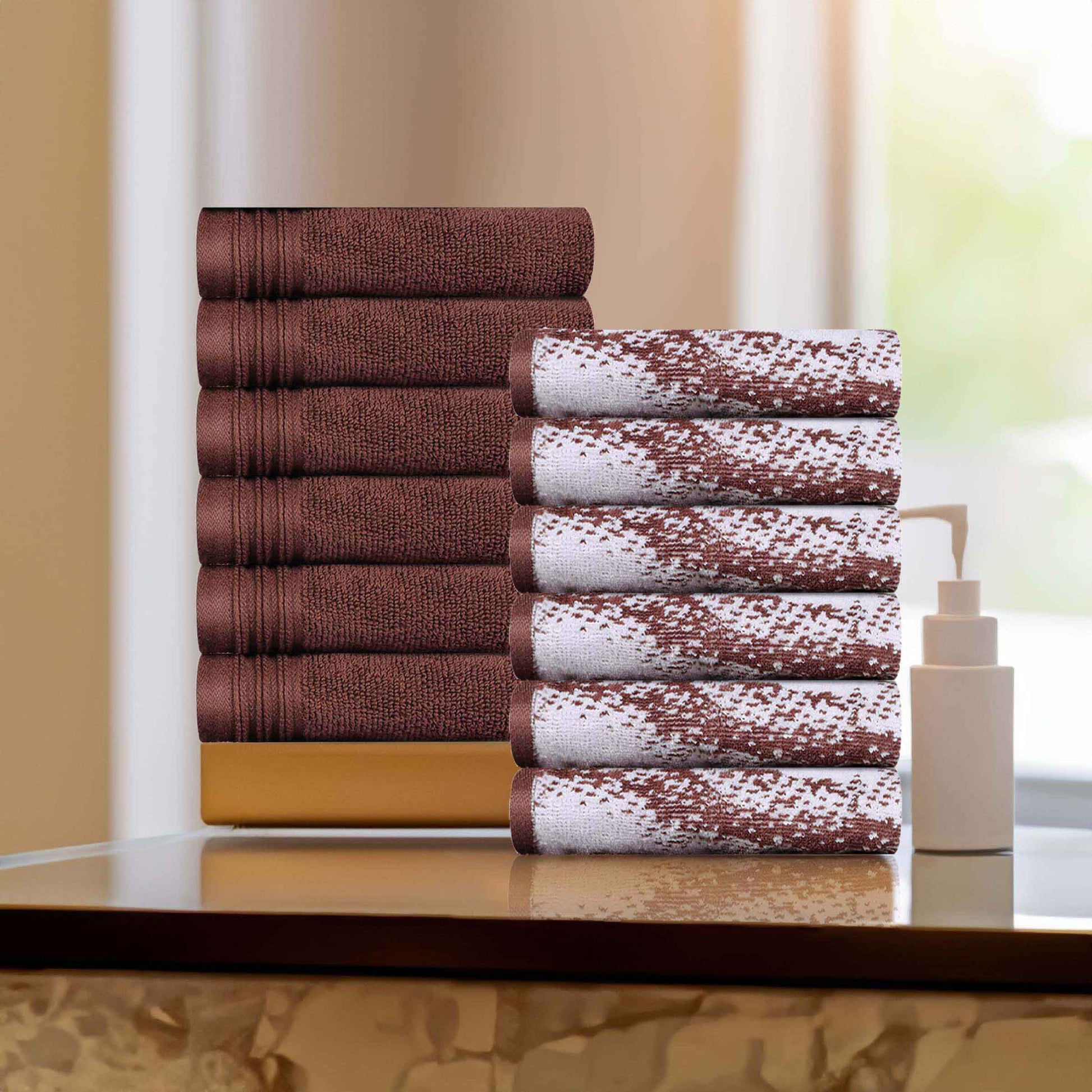 Cotton Marble and Solid Medium Weight Face Towel/ Washcloth Set of 12 - Brown