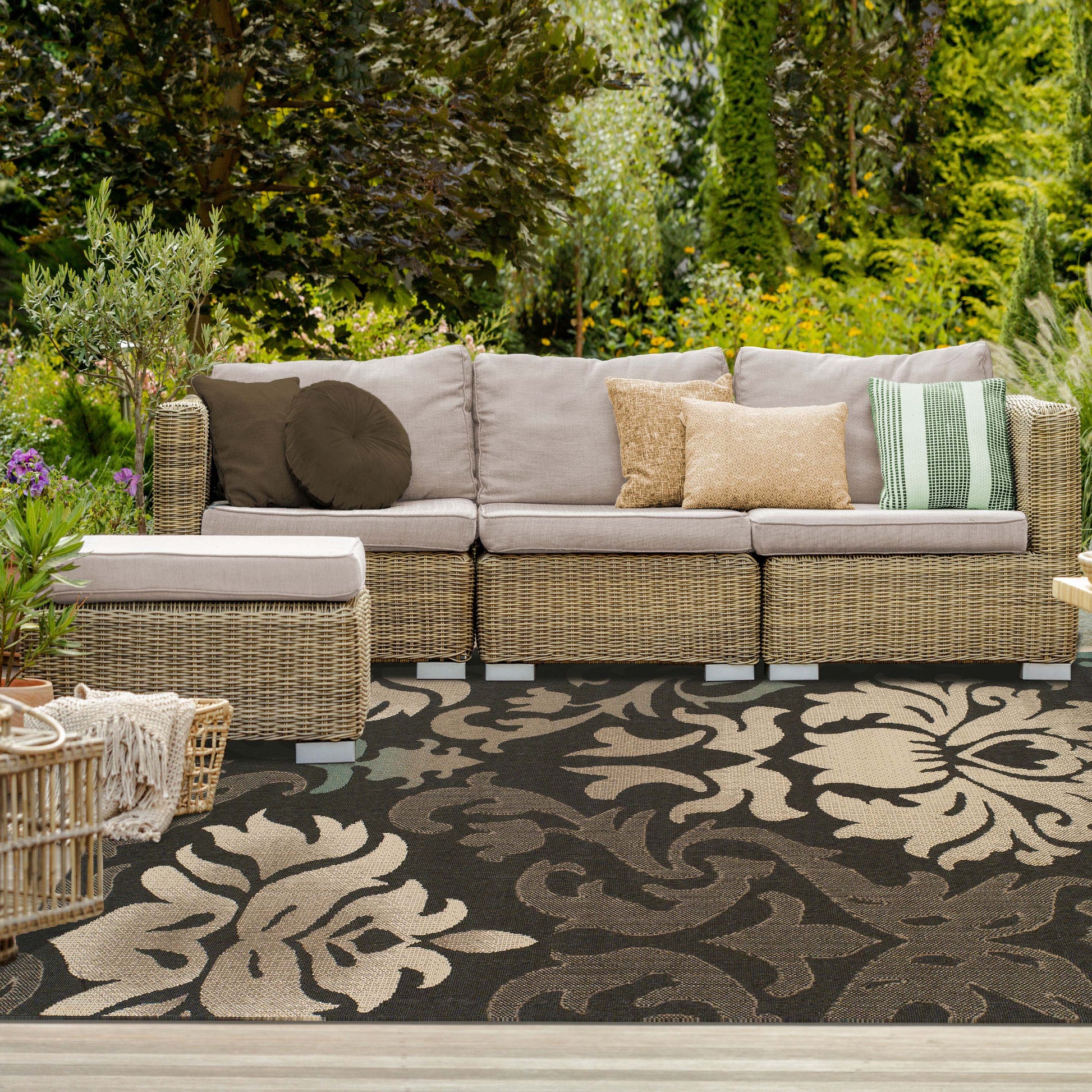 Lowell Traditional Damask Indoor Outdoor Area Rug - Brown