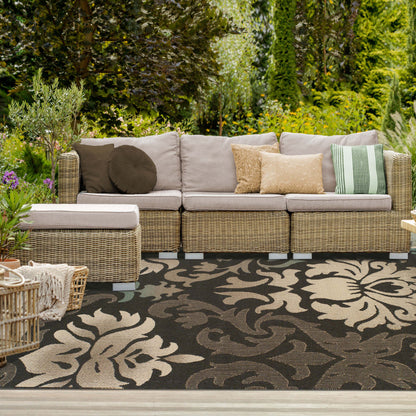 Lowell Traditional Damask Indoor Outdoor Area Rug - Brown